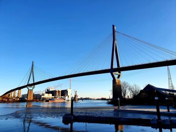 Bridge over calm river against clear blue sky