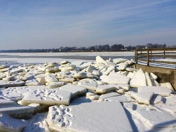 Snow covered land by sea against sky