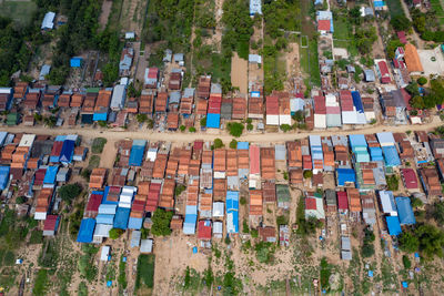 High angle view of multi colored buildings in city