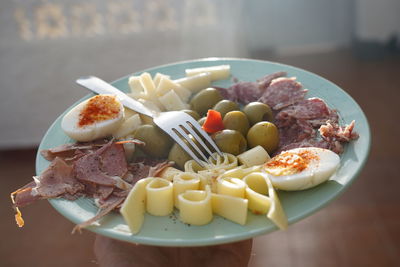 High angle view of breakfast on table