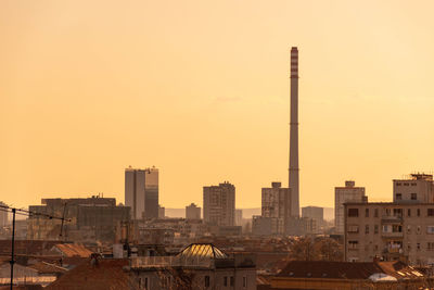 Cityscape of zagreb, croatia. yellow, sunset, pollution, atmosphere.