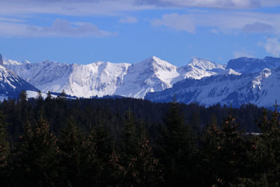 Scenic view of snowcapped mountains against sky