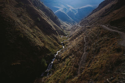 Aerial view of mountain range against sky