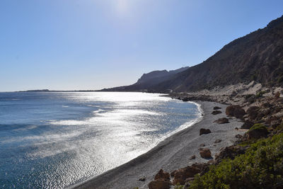 Scenic view of sea against clear blue sky