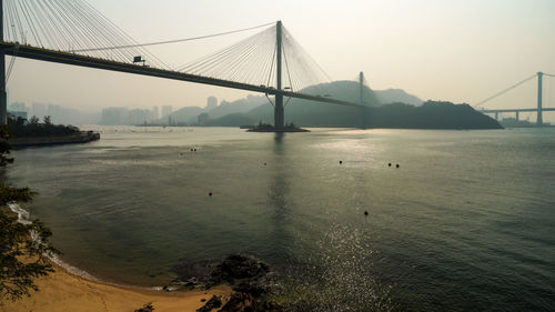 View of suspension bridge over river