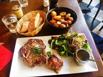 High angle view of food served on table