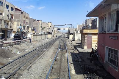 View of railroad tracks amidst buildings in city