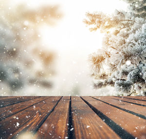 Snow covered landscape seen through window