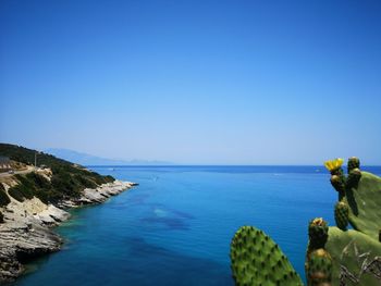 Scenic view of sea against clear blue sky