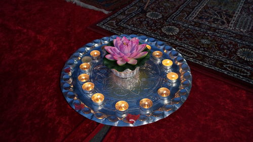 High angle view of pink flower on table