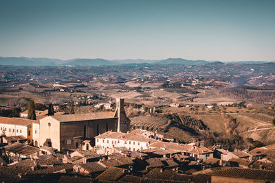 High angle view of townscape against clear sky