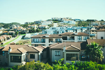 Townscape against clear sky