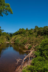 Scenic view of river against clear blue sky