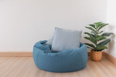 Potted plant on hardwood floor against wall at home