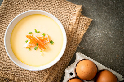 High angle view of soup in bowl on table