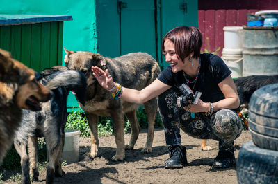 Dog at the shelter. animal shelter volunteer takes care of dogs. 