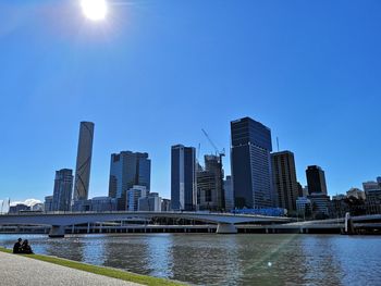 River by modern buildings against clear sky