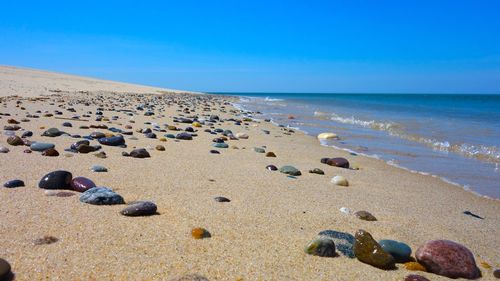 Scenic view of beach against blue sky