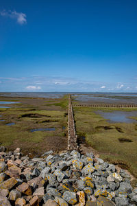 Scenic view of land against blue sky