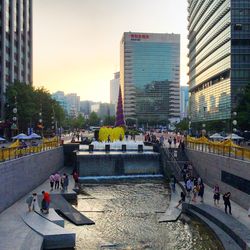 High angle view of people in city