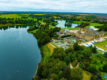 High angle view of townscape by lake