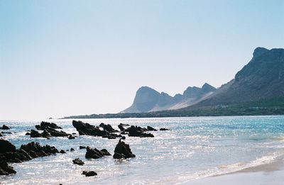People on rock by sea against clear sky