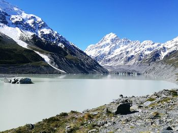 Scenic view of frozen lake against snowcapped mountain