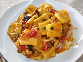 High angle view of food in plate on table