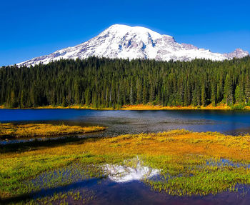 Scenic view of lake by mountains against sky