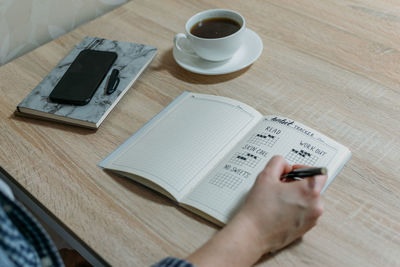 High angle view of coffee cup on table