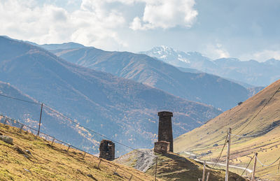 Panoramic view of landscape and mountains against sky