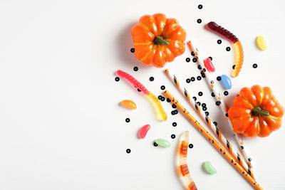 High angle view of orange fruits on table