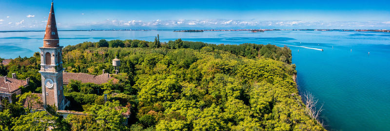 Aerial view of the plagued ghost island of poveglia in venice