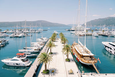 Boats moored at harbor