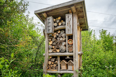 Wooden insect house in the garden. bug hotel. insect hotel. shelter or refuge for insects.