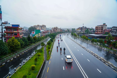 High angle view of traffic on road in city