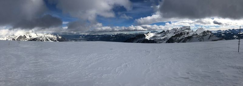 Scenic view of snowcapped mountains against sky