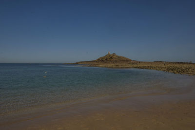 Scenic view of beach against clear blue sky