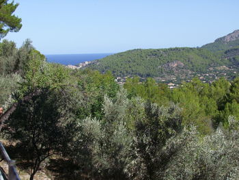 Scenic view of green landscape and sea against clear sky