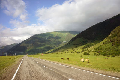 People on road by mountains against sky