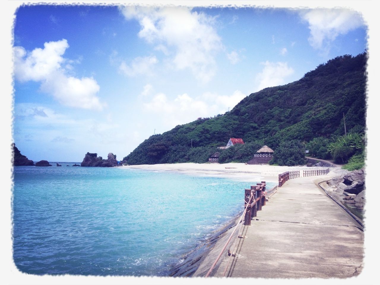 sea, sky, water, transfer print, beach, panoramic, mountain, scenics, auto post production filter, cloud - sky, beauty in nature, tranquil scene, transportation, cloud, incidental people, tranquility, shore, nature, sand, coastline