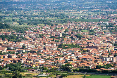 High angle view of buildings in city