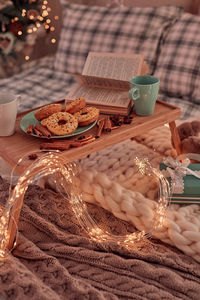 Close-up of drink in basket on table