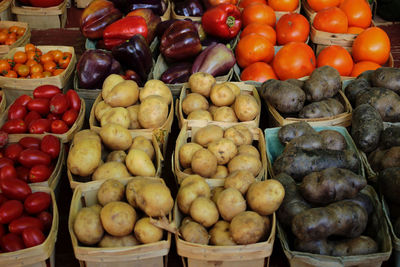 Vegetables arranged in boxes at market for sale