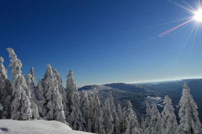 Panoramic view of snow covered landscape against clear blue sky