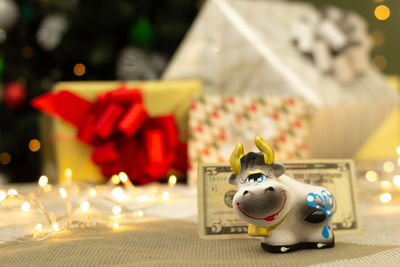 Close-up of christmas decoration on table