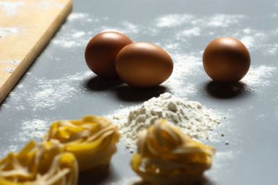 High angle view of eggs in container on table
