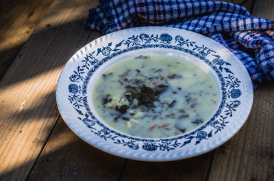 High angle view of soup in bowl on table