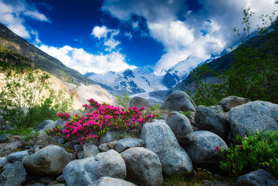 Scenic view of rocks by mountains against sky