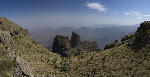 Landscape panorama view of the simien mountains national park in the highlands of northern ethiopia.